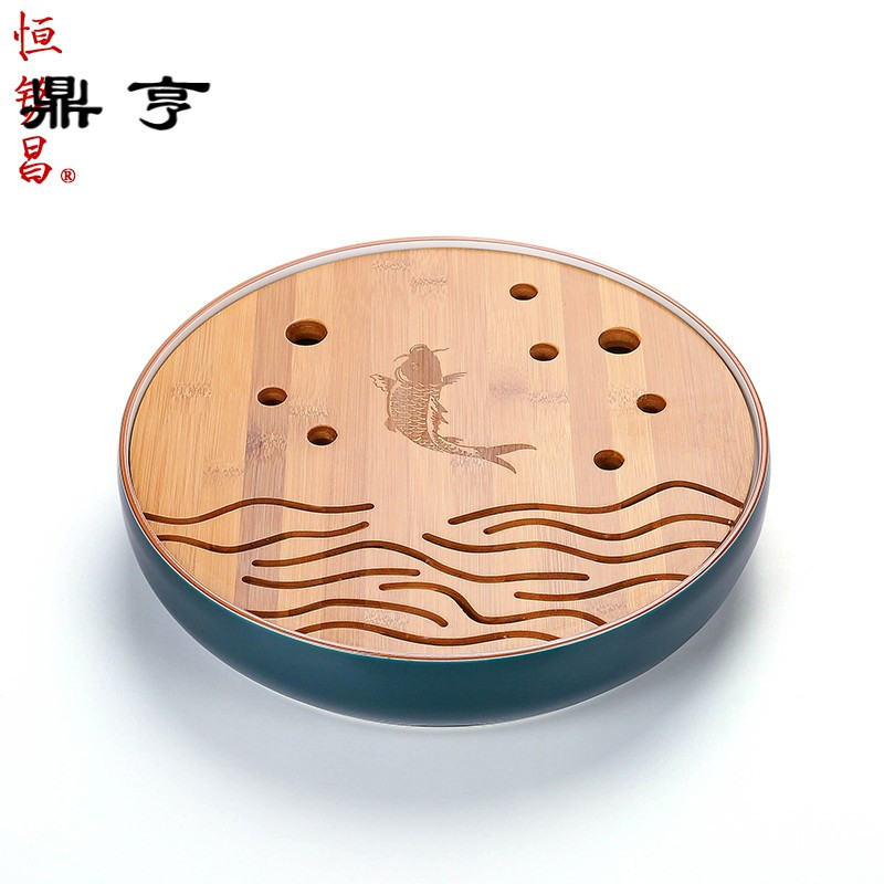 鼎亨 陶瓷功夫茶具家用茶盘大小号圆形竹制茶海托盘简约干泡台
