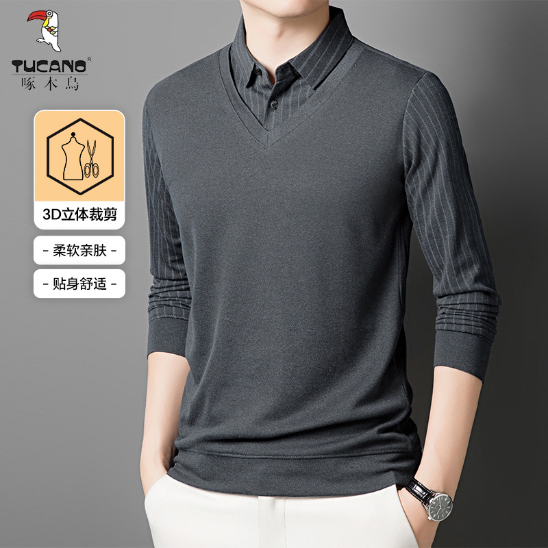 啄木鸟秋冬季假两件Polo衫男士爸爸装长袖打底上衣商务休闲打底衫高清大图