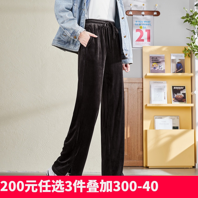 [2.5折价101元]唐狮秋冬新款休闲裤女高腰阔腿裤宽松显瘦黑色休闲垂感潮in