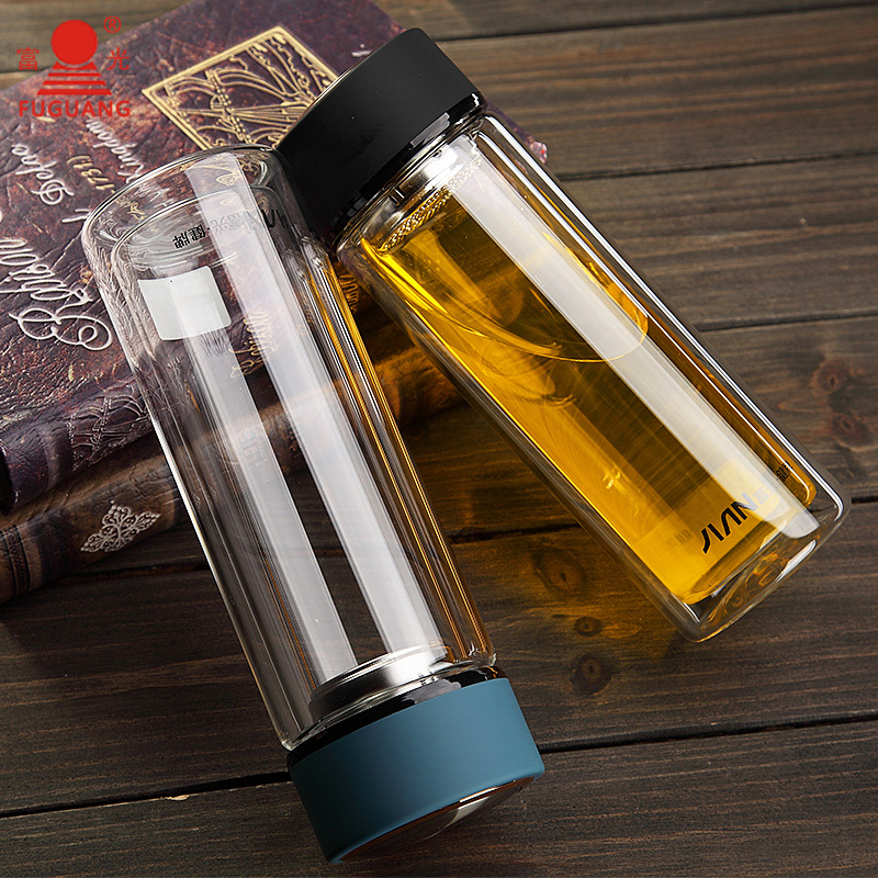 富光玻璃茶杯双层水杯子320ml办公家用耐热泡茶杯子X1627-SP 320ml咖啡色