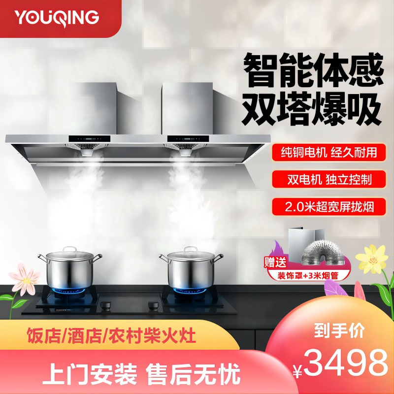 有情 商用抽油烟机25m³大吸力一级能效饭店餐饮食堂农村液化气灶柴火灶土灶专用2米大功率双电机中岛款YX-200T