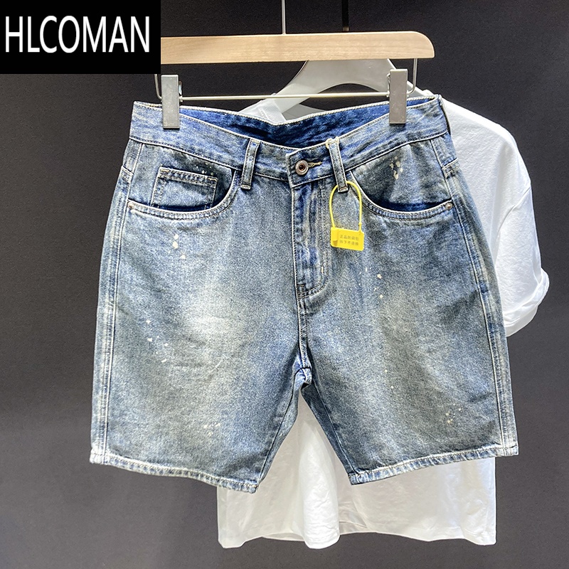 HLCOMAN2024新款喷漆泼墨牛仔短裤男潮牌宽松直筒夏季浅色洗水痞帅五分裤