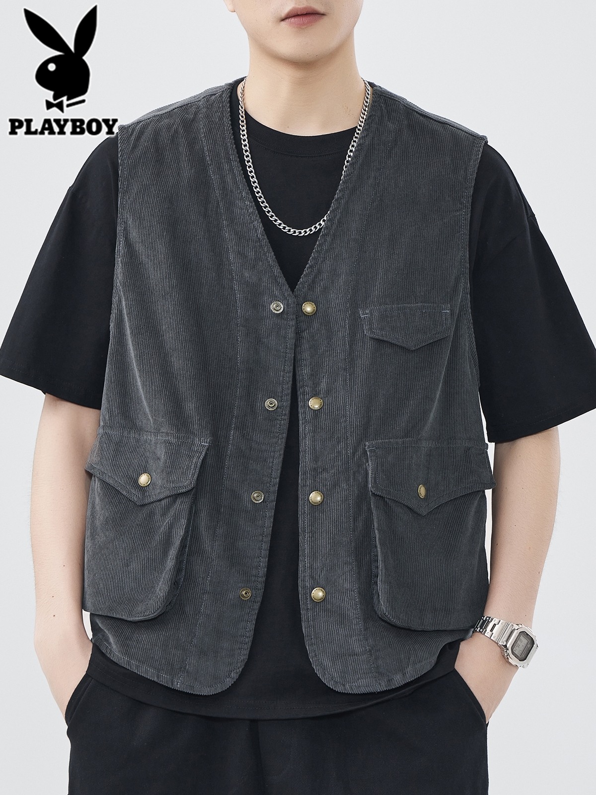花花公子灯芯绒马甲男士工装背心2025年秋冬季新款日系马夹外套芯高清大图