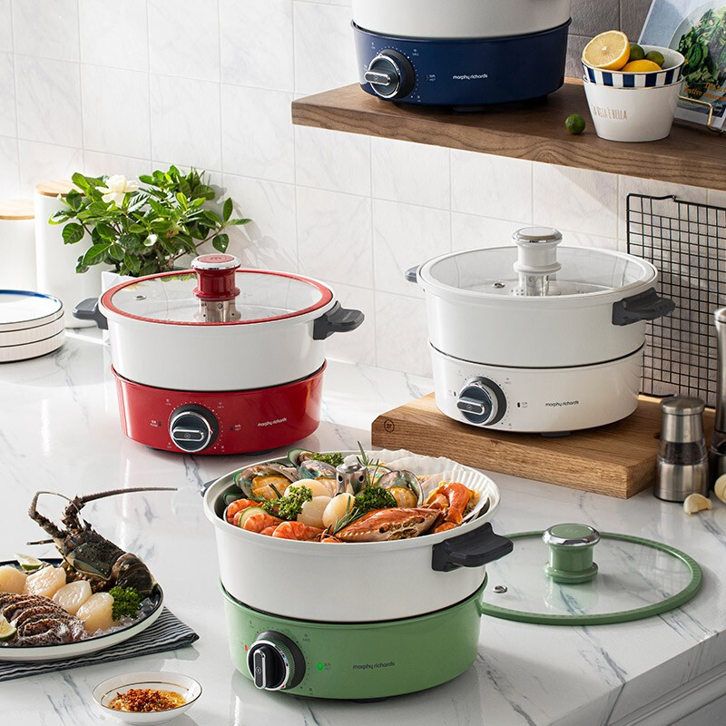 摩飞电器(MORPHY RICHARDS) 多功能锅 家用电火锅电煮锅热锅机械升降4升 MR9090 薄荷绿