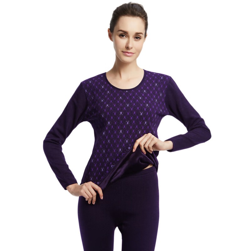 【断码清仓】花花公子女士保暖内衣女加绒加厚套装棉印花圆领高清大图