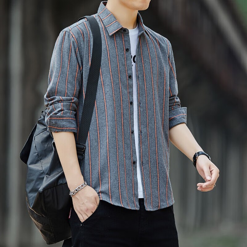 罗蒙秋季长袖格子衬衫男潮流休闲韩版时尚百搭上衣服条纹衬衣lz视频