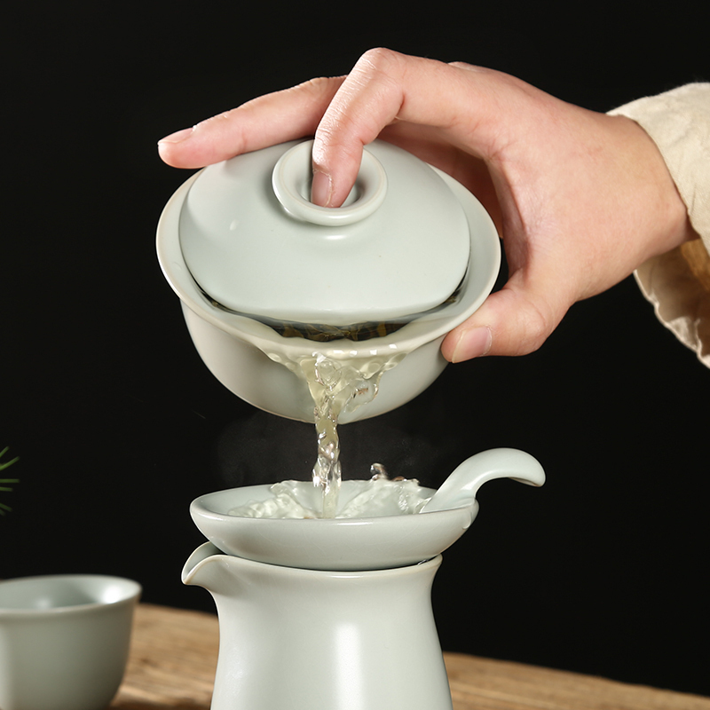 常生源 茶杯盖碗仿宋汝窑功夫茶具三才盖碗开片陶瓷盖碗礼盒装 汝窑盖碗