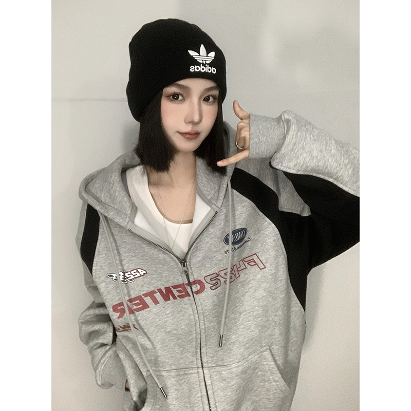 语娄国潮美式开衫卫衣外套女2023新款宽松长袖oversize撞色插肩袖上衣