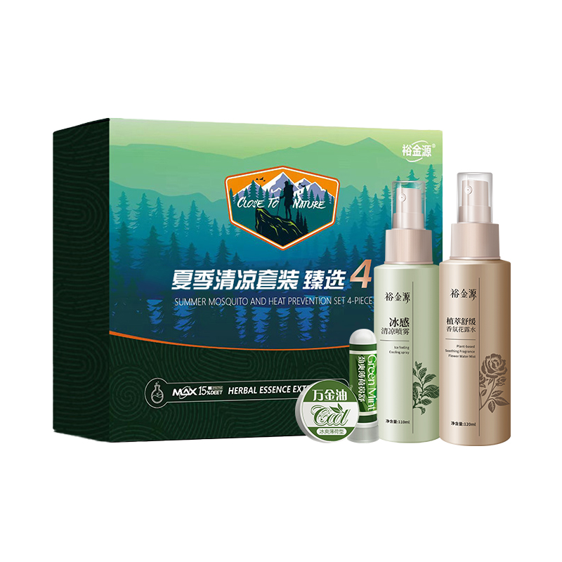 裕金源 夏季清凉套装 (植萃舒缓香氛花露水花露水120ml+冰感清凉喷雾110ml+鼻舒1.5g+万金油3.5g) 臻选高清大图
