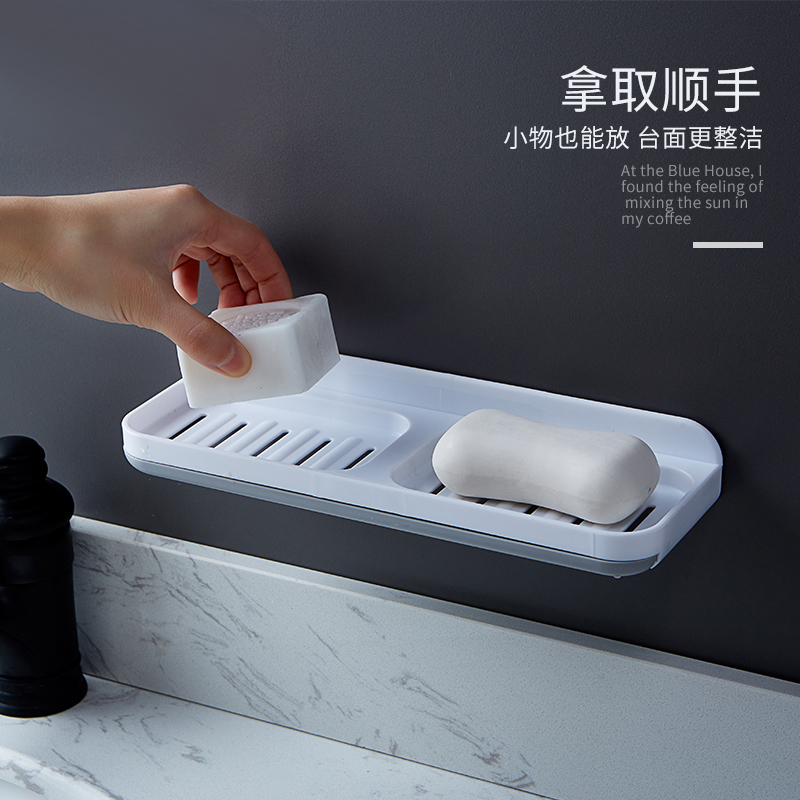 肥皂盒吸盘壁挂式沥水免打孔卫生间肥皂置物架家用新款香皂盒 三维工匠 多功能双格肥皂盒北欧灰