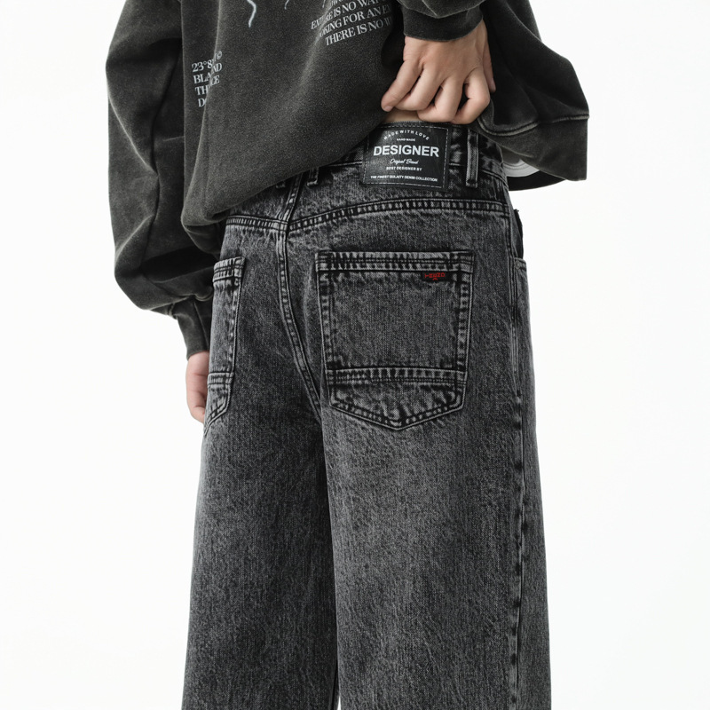 黑灰色牛仔裤阔腿宽松潮牌美式高级感直筒休闲长裤有加绒高清大图