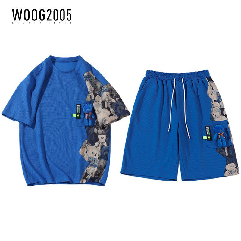 WOOG2005小熊刺绣套装男短袖短裤一套夏季潮牌大码宽松情侣两件套