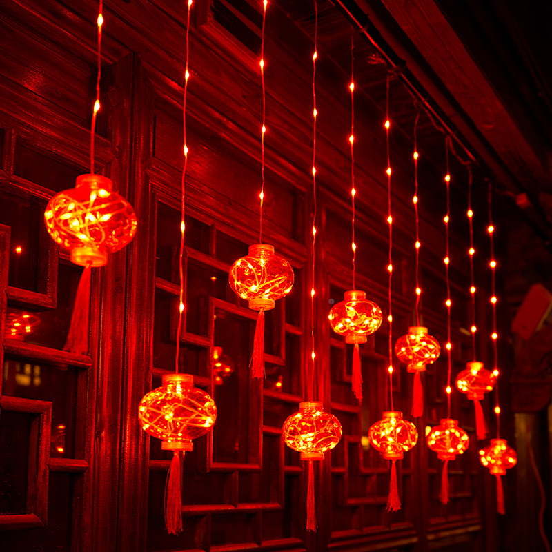 节庆挂件灯串大红灯笼【插电款】长度3米*0.8米下垂【8模式】五条装