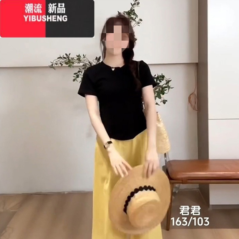 YIBUSHENG大码胖mm韩系百搭显瘦设计感后背镂空系带纯色圆领短袖T恤上衣女