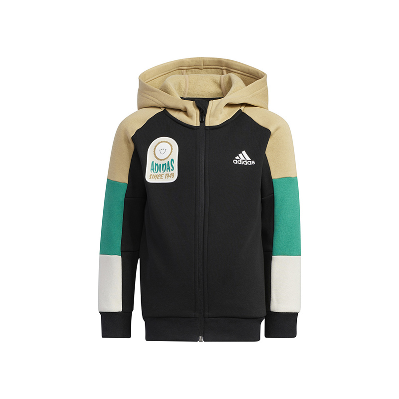 adidas 童装 训练系列 拼色连帽拉链品牌Logo印花图案印花夹克外套 男童 黑色 HM9650