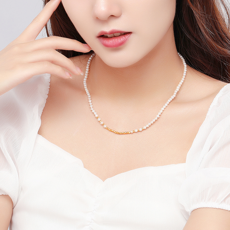 潮宏基轻法式系列闪耀金足金珍珠项链黄金cnc古法蹦迪珠淡水珠