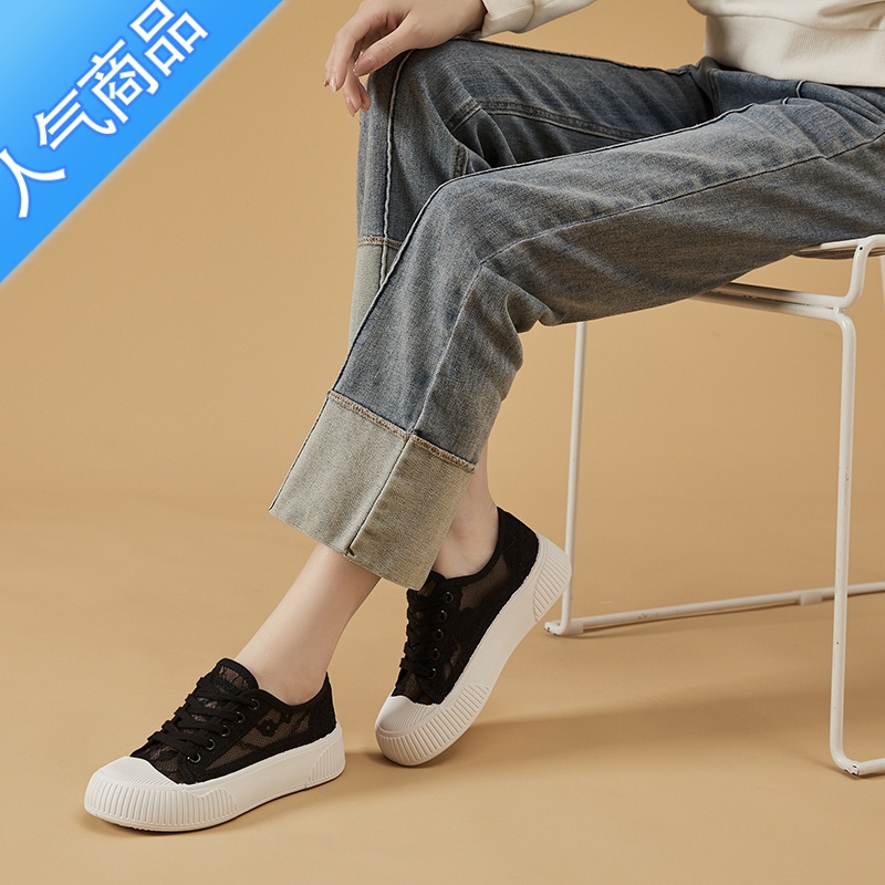 SUNTEK镂空蕾丝女鞋夏季新款2023厚底圆头百搭网面透气小白鞋女休闲板蕾高清大图