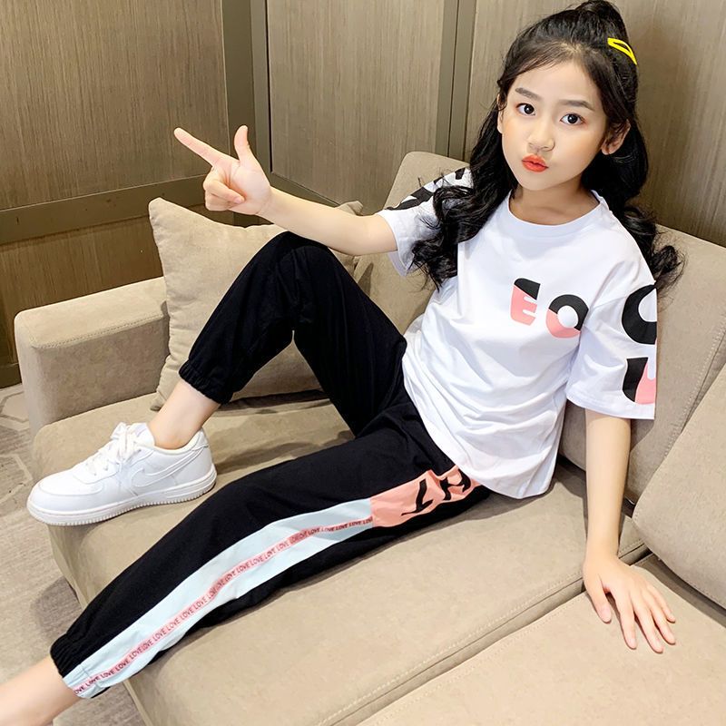 女童套装夏装2021新款中大童女洋气时髦短袖13岁女孩韩版两件套潮莎丞