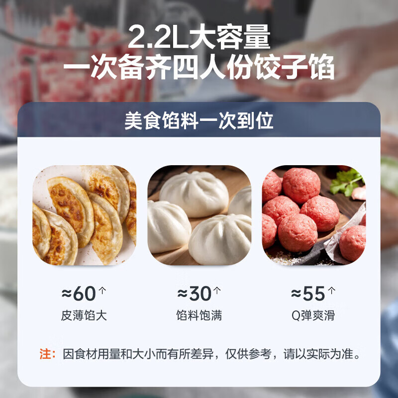 苏泊尔(SUPOR)绞肉机2.2L家用多功能电动碎肉打肉机饺子绞肉馅全自动搅拌捣蒜器 JR55-U