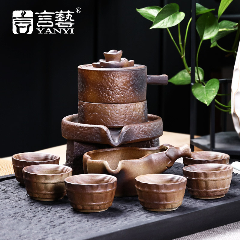 言艺(yanyi) 整套功夫茶具套装 生财有道自动茶具配洛梵干泡盘+黑金刚配雨霖玲铸铁壶