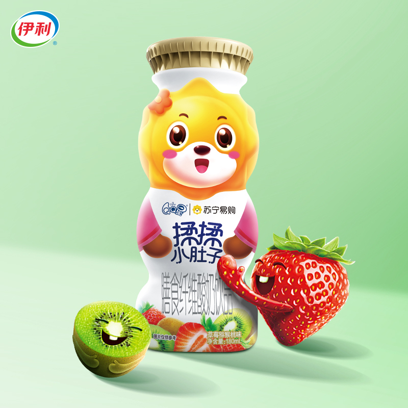 伊利 QQ星揉揉小肚子膳食纤维儿童酸奶饮品(草莓猕猴桃味)苏宁定制款180ml*16瓶