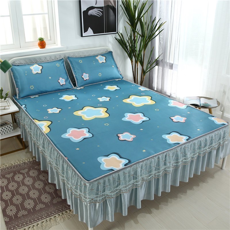 美帮汇可水洗折叠冰丝凉席三件套床裙床笠款夏季夏天机洗的凉滑床单软席高清大图