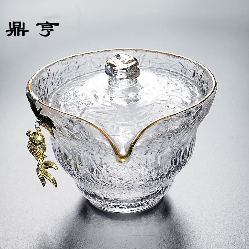 鼎亨玻璃盖碗透明防烫锡锤纹三才泡茶碗耐热大号加厚功夫茶具家用