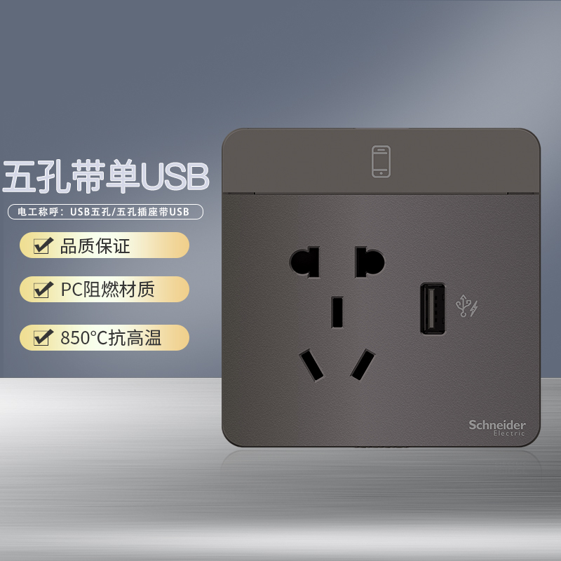 【官方旗舰店】施耐德电气开关插座绎尚荧光色北欧风86型大面板家用墙壁式10A五孔一开双控弱电空调USB电源插座 五孔带单USB插座 荧光灰