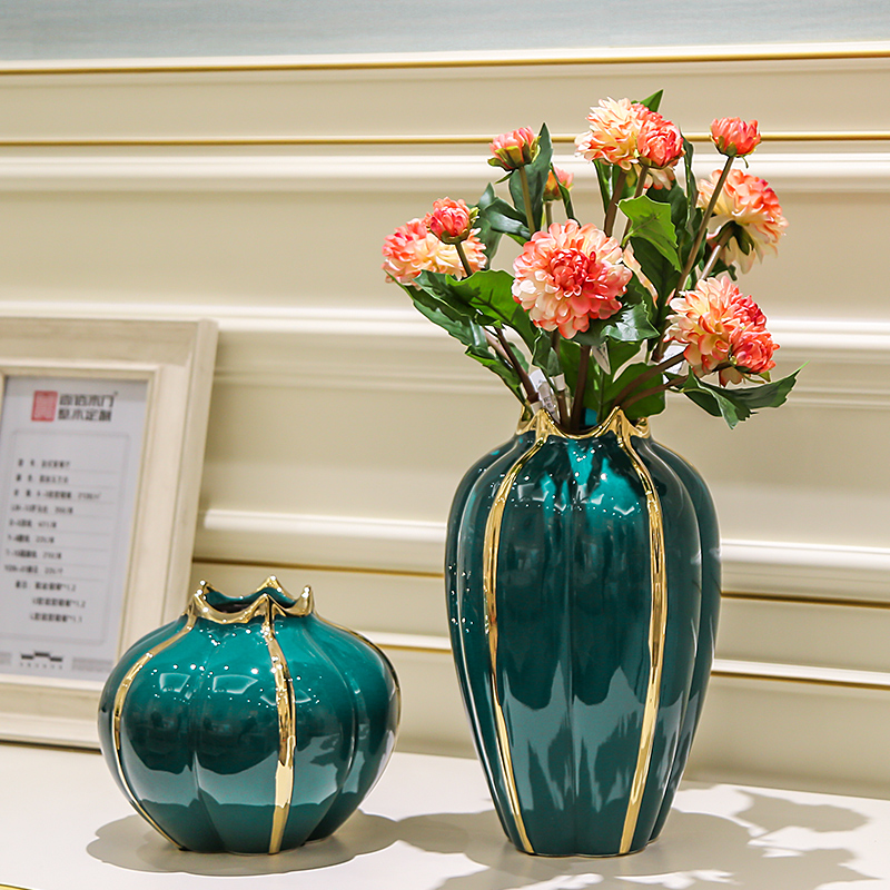 现代轻奢陶瓷花瓶摆件客厅仿真花插花干花餐桌电视柜家居软装饰品 三维工匠 绿海泥裳-两个一组高清大图