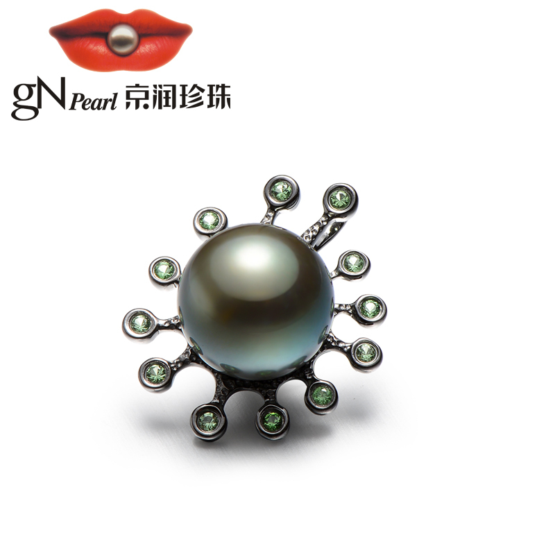 京润珍珠 海精灵 11-11.5mm正圆大溪地海水黑珍珠吊坠G18K金配石榴石