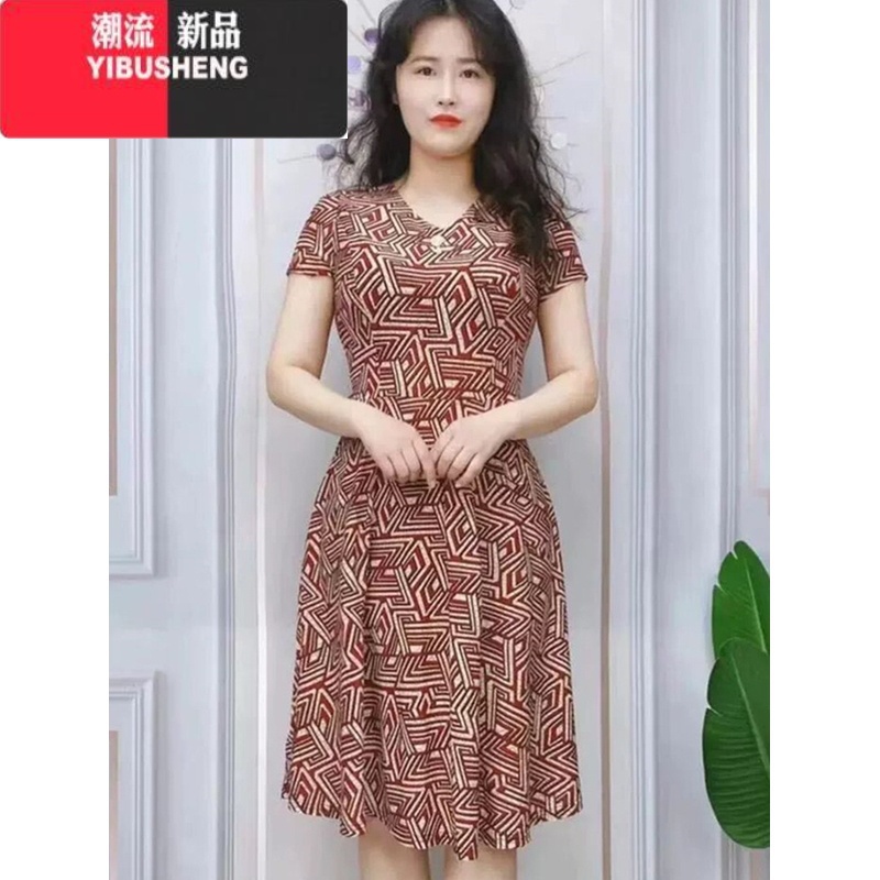 YIBUSHENG高贵妈妈装连衣裙女2024年中老年宽松大码短袖裙子洋气弹力长裙高清大图