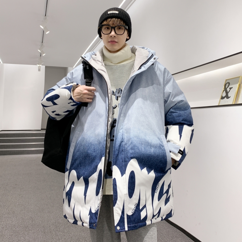 蓝缕金(LANLVJIN)男士羽绒服冬季2021新品加厚宽松保暖90%白鸭绒中长款外套青少年宽松印花防风防水御寒男装
