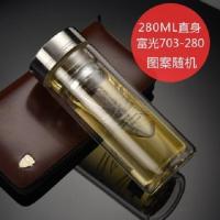 富光玻璃杯双层大容量带把手办公水杯 带盖有滤网玻璃茶杯子水杯 280ML直身杯