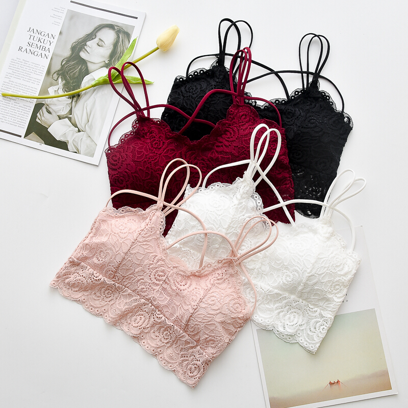 蕾丝美背背心内衣抹胸细肩带性感带背心拢带胸垫文胸薄白色均码