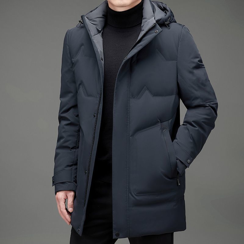 皮尔卡丹2022新款羽绒服男中青年连帽灰鸭绒外套中长款纯色秋冬高档上衣