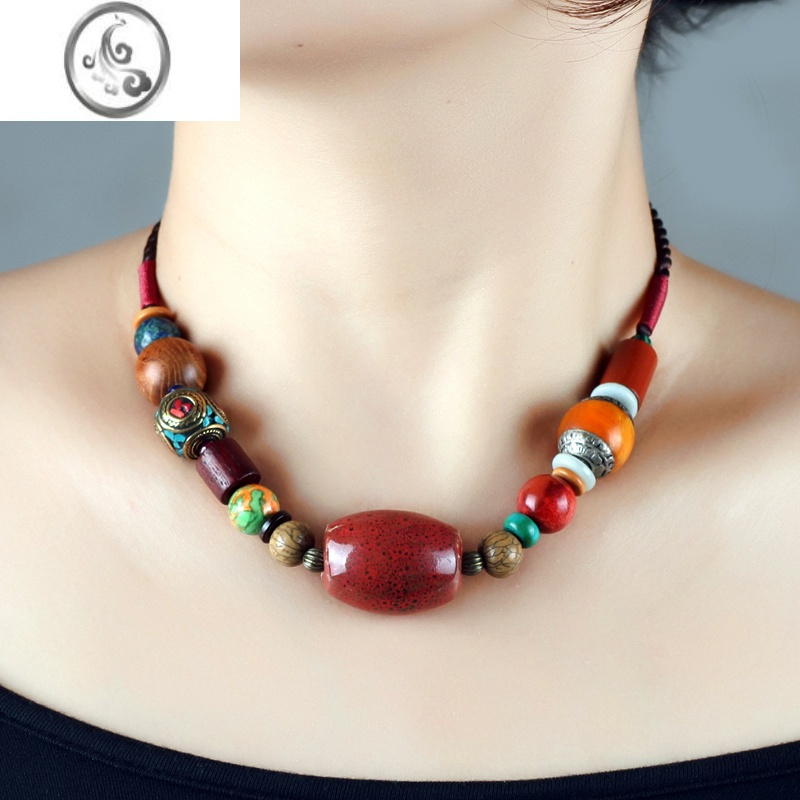 jimi民族风原创藏族项链复古陶瓷珠百搭锁骨女士彩石颈链藏式吊坠蜜蜡