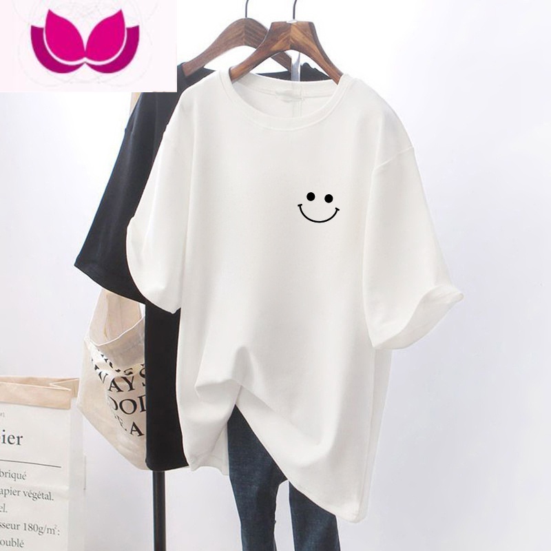 七斓短袖t恤女ins潮2022新款夏欧货中长款遮肚子大版白色笑脸体恤