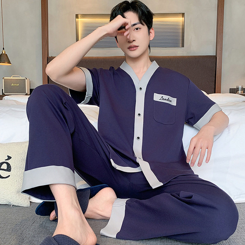 2026新款睡衣男款夏季薄款开衫短袖短裤仿棉拉架可外穿家居服套装高清大图