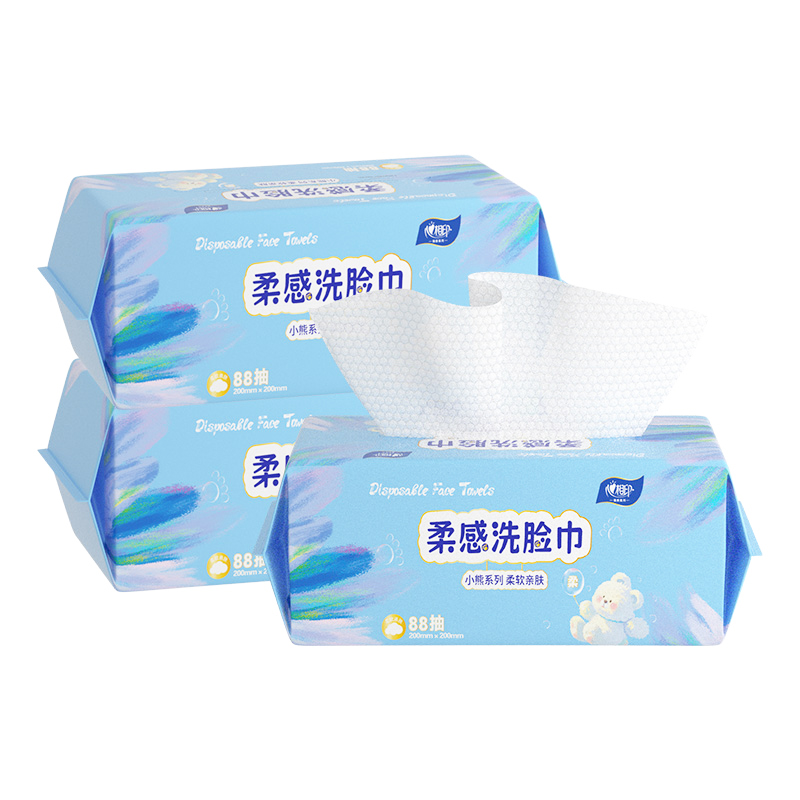 心相印小熊3JXP088D柔感洗脸巾88抽/包*3包一提装即触瞬吸,湿水也耐用。干湿两用,呵护面面俱到