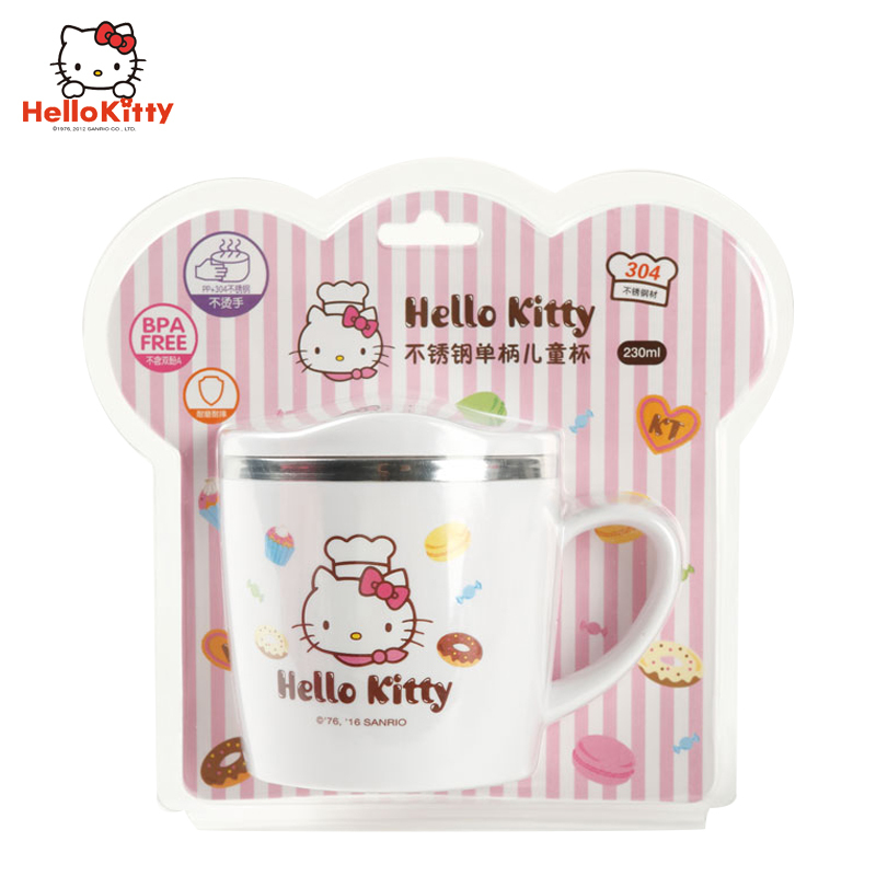 HelloKitty凯蒂猫不锈钢儿童单柄饮水杯宝宝喝水杯200ml白色3个月以上婴儿训练饮水杯带手柄3722
