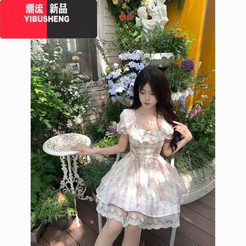 YIBUSHENG甜美可爱蝴蝶结方领碎花连衣裙子女季新款泡泡袖收腰显瘦蓬蓬裙图片