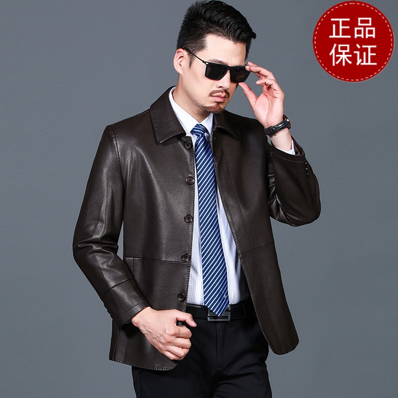 免费试穿 男皮衣秋款上衣翻领暗襟扣子款外套时尚休闲中年男装皮夹克PU皮2025冬装新款外套潮海宁软皮夹克大码男装高清大图