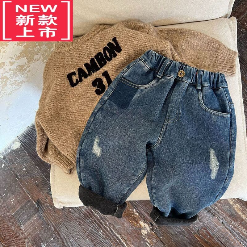 可莉允好品质!帅气韩国男女童洋气磨破撞色牛仔裤儿童宝宝保暖加绒长裤保暖裤图片