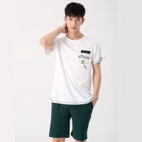 优浪男士睡衣家居服纯棉夏装薄款YJ20B41 XXL（建议145-170斤穿） 白色（上装）+绿色（下装）