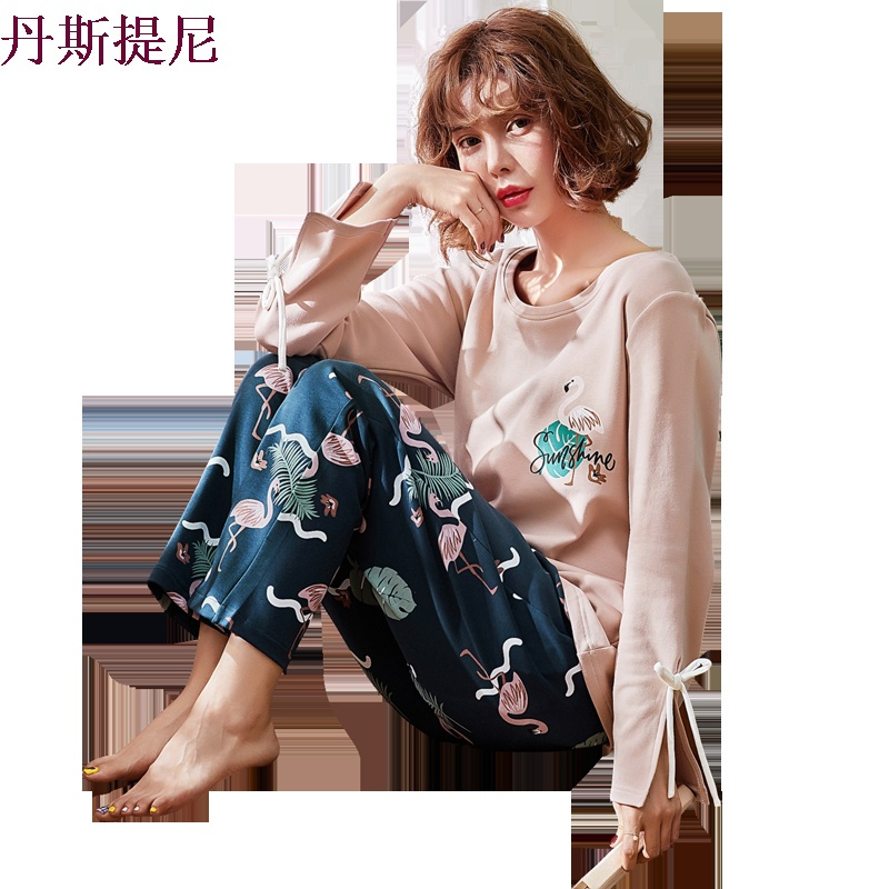 ins风睡衣女秋天薄款纯棉长袖套装可外穿夏季火烈鸟家居服春秋季