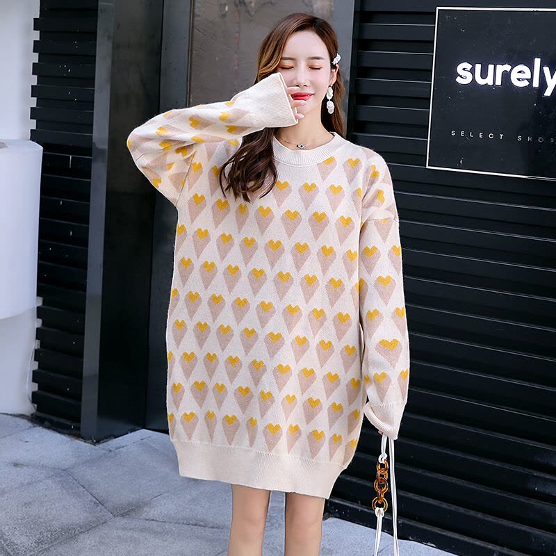 迪鲁奥(DILUAO)孕妇装秋冬装套装孕妇时尚中长款套头爱心上衣外穿怀孕期 米色 均码[适合约90-1图片