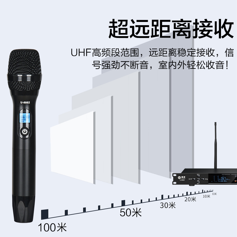 惠度(HuiDu)U-8801专业真U段可调频一拖二无线话筒会议主持演出KTV麦克风银色高清大图