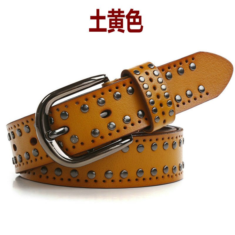 牛仔裤皮带女款真皮女士皮带时尚宽休闲腰带女牛皮铆钉男朋克潮土黄色