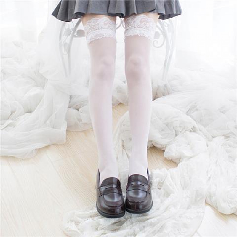 白丝袜女蝴蝶结蕾丝过膝长筒薄款洛丽塔可爱萝莉袜子蕾丝白色均码参数
