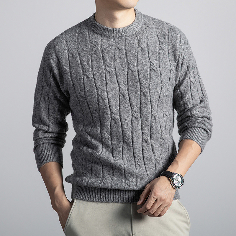 含羊毛男士毛衣秋冬新款圆领套头加厚保暖提花针织羊毛衫男 花羽灰 XL